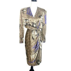Vintage Jerri Sherman Women's Special Occasion Tan & Metallic Wrap Dress Sz M/L